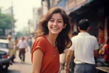 Naklejka premium Young woman smiling on city street in 1970s