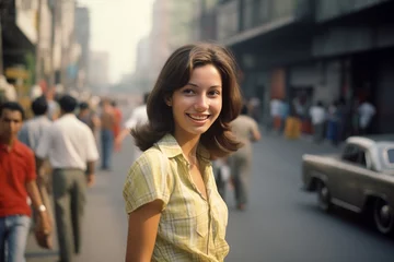 Foto op Plexiglas Young woman smiling on city street in 1970s © blvdone