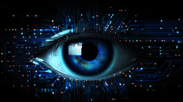 Internet security and data protection with a human eye as monitoring of hackers or hacker attacks by cyber criminals