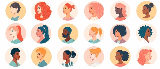 A set of round profile pictures featuring people in pastel colors, representing the concept of community and diversity on social media platforms Generative AI