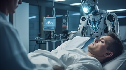 Robotic surgery. A professional surgeon operates on a patient in hospital with the help of a robot, medical future vision.