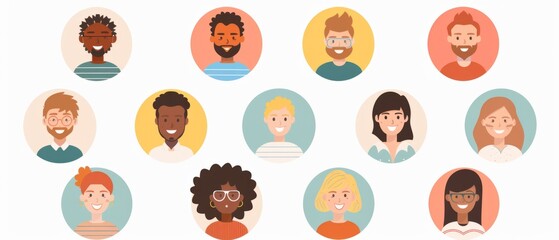 Obraz premium A set of circular avatar icons featuring people with different skin tones and hair styles, each in pastel colors against a white background Generative AI