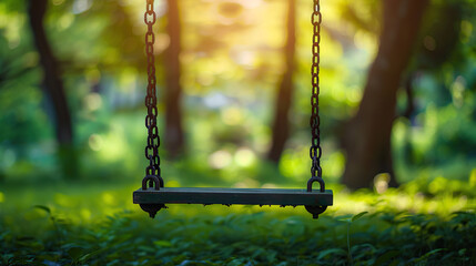International Missing Children's Day, 25 may, an empty swing in a nature park  - obrazy, fototapety, plakaty