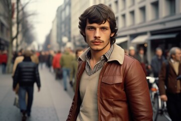 Naklejka premium Man on a city street serious face in 1970s