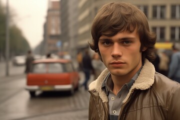 Obraz premium Man on a city street serious face in 1970s