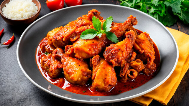 Traditional Malaysian dish ayam masak merah in the style of food photography