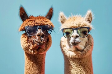 Obraz premium Two funny llamas in sunglasses on a blue background. Close-up. Concept of love and friendship.