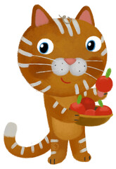 cartoon scene with happy cat kitty eating apples fruits food from the bowl illustration for children