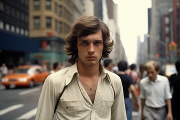 Fototapeta premium Man on a city street serious face in 1970s