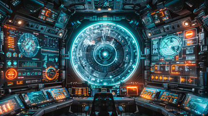 Futuristic Space Station Interior with Advanced Technology and Blue Sci-Fi Aesthetics, Illustrating Space Exploration and Scientific Innovation - obrazy, fototapety, plakaty
