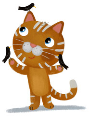 cartoon scene with happy cat kitty playing with birds friends havng fun illustration for children