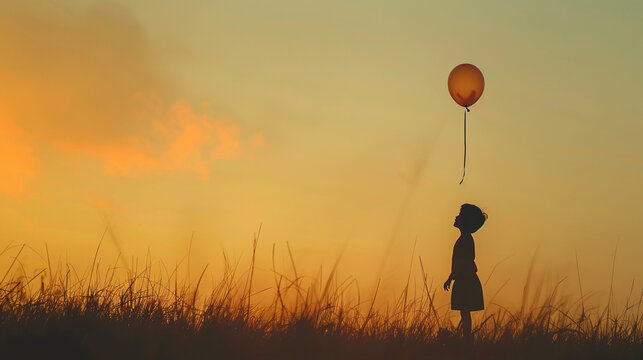 May 25th - International Missing Children's Day , a child silhouette with a balloon flying up in sky , lost child 