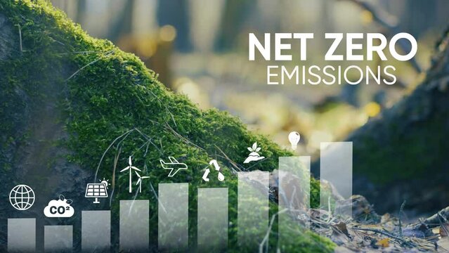 Net zero 2050. Carbon neutral concept. Net zero greenhouse gas emissions target. Climate neutral long term strategy.Growth chart with net zero icons