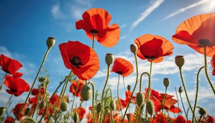red poppy flowers against the blue sky