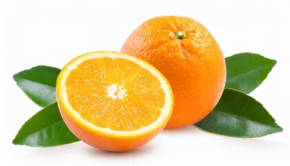 orange citrus fruit isolated on white or transparent background two orange fruits cut half and slice with green leaves