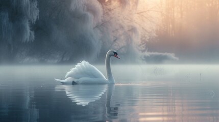 swan in the fog - obrazy, fototapety, plakaty