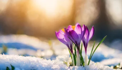 Poster violet crocus with snow at sunrise first blooming snowdrop flowers in spring © Patti