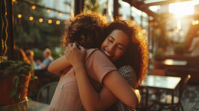 beautiful women giving each other a greeting hug in a restaurant or cafe during the day and very happy in high resolution and high quality. concept friends, biodiversity, multicultural