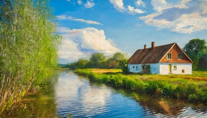 Fototapeta na wymiar oil painting farmhouse near the river