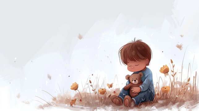 International Missing Children's Day vector. Sad lost boy hugging his teddy bear vector. Lost children vector illustration. Important day
