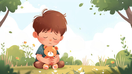 International Missing Children's Day vector. Sad lost boy hugging his teddy bear vector. Lost children vector illustration. Important day