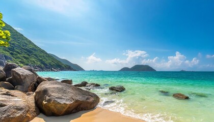 turquoise sea white sand and rocky under sunshine very beautiful nature at bai nhat beach condao island vietnam