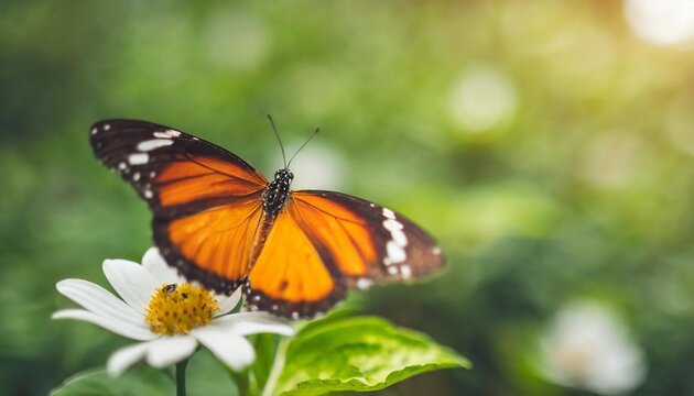 closeup of orange and black butterfly with white flower on blurred green leaf background under sunlight with copy space using as background natural flora insect ecology cover page concept