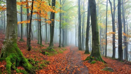 beech trees in autumn forest on a foggy rainy weather poland - obrazy, fototapety, plakaty