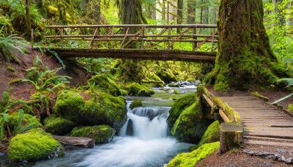 washington state olympic national park sol duc valley rainforest with trail and bridge over stream - obrazy, fototapety, plakaty