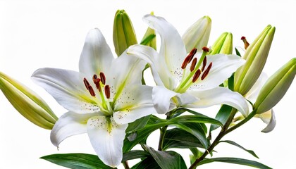 Fototapeta premium wonderful white lilies lilium liliaceae with buds isolated on white background including clipping path
