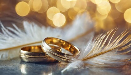 Obraz na płótnie Canvas two golden wedding rings and feather light soft background