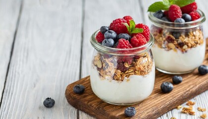 two jars with tasty parfaits made of granola berries and yogurt on white wooden table shot at angle with place for text banner