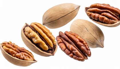 whole shelled and broken pecan nuts flying isolated on white background vertical layout
