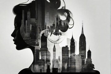  Double exposure photo of girl and city black and white. Poster