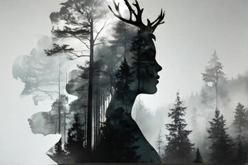 Double exposure photo of girl and forest black and white. Poster - Powered by Adobe