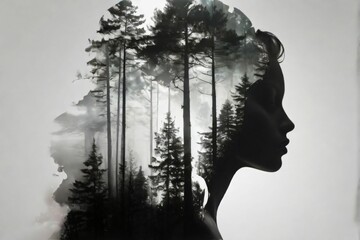 Double exposure photo of girl and forest black and white. Poster