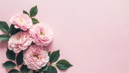 Fototapeta na wymiar pastel pink flowers on pink background wedding concept flat lay top view