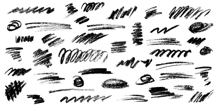 Hand drawn Charcoal and Crayon underlines and scribbles collection. Vector graffiti squiggle grunge set. Isolated elements, rough crayon strokes