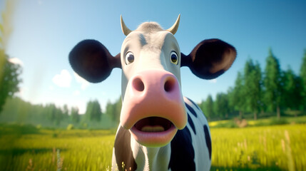 A cow with a big red nose is staring at the camera. The cow is in a field with trees in the background