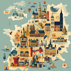 Whimsical Map Illustration, Stylized European Cities, Colorful Travel Adventure Concept - obrazy, fototapety, plakaty