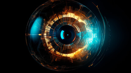 A close up of a blue and orange eye with a black background. The eye is surrounded by a circle of light and the colors are vibrant. The eye appears to be glowing and has a futuristic feel to it
