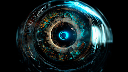 A close up of a blue and orange eye with a black background. The eye is surrounded by a circle of light and the colors are vibrant. The eye appears to be glowing and has a futuristic feel to it