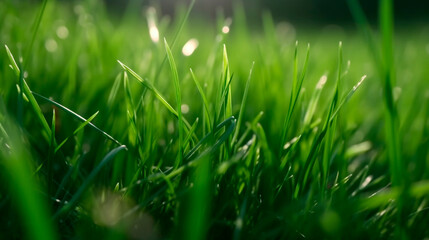 Obraz premium A close up of a lush green field of grass. The grass is very green and the sunlight is shining on it, making it look very bright and healthy