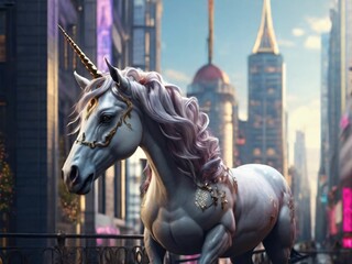 A beautiful graceful unicorn with a golden horn on a city street - obrazy, fototapety, plakaty