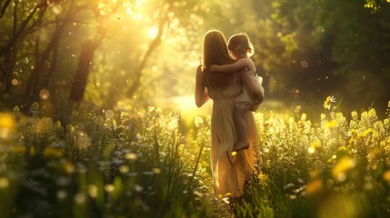 mom carrying his daughter with nature and sunlight, enjoyment family.