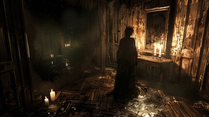 Spooky figure in mirror, candle-lit room, over-the-shoulder shot