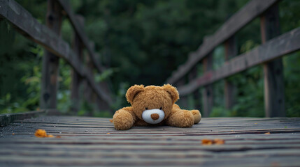 Lost Teddy bear with sad face lying on a bridge with blurry background, Lost toy or Loneliness concept, International missing Children day, 25 may 