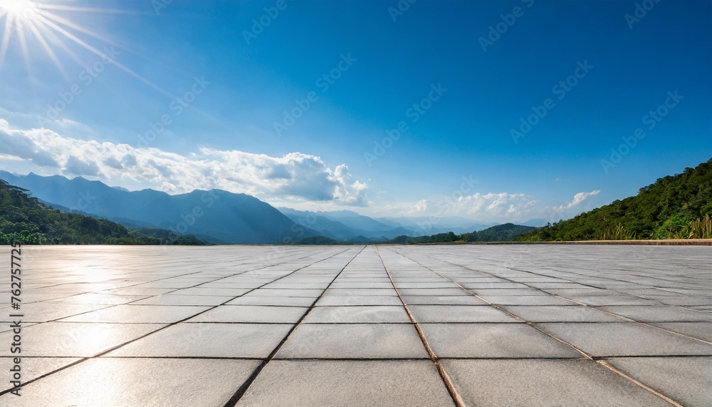 Wall mural empty landscape background with white concrete ground tiling under blue sky on a sunny day