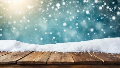empty dark wooden table and snow background