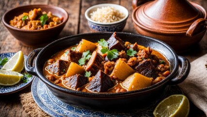 Tagine is a meat and vegetable dish popular in the Maghreb countries - obrazy, fototapety, plakaty